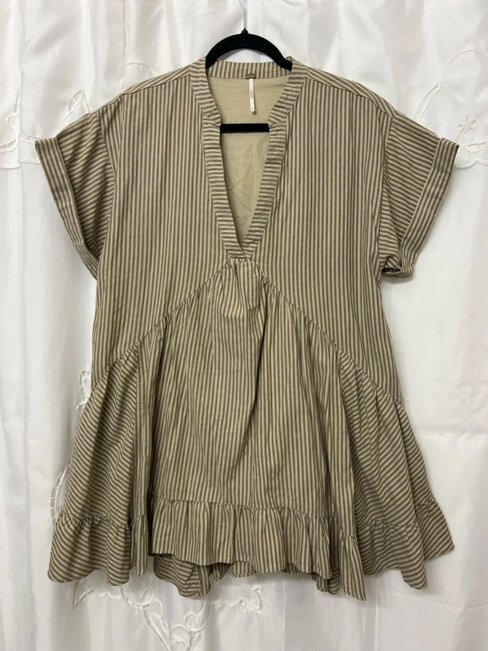 Free People NWOT Stripe Babydoll Mini Dress Tan Gray Linen Blend Oversized Small